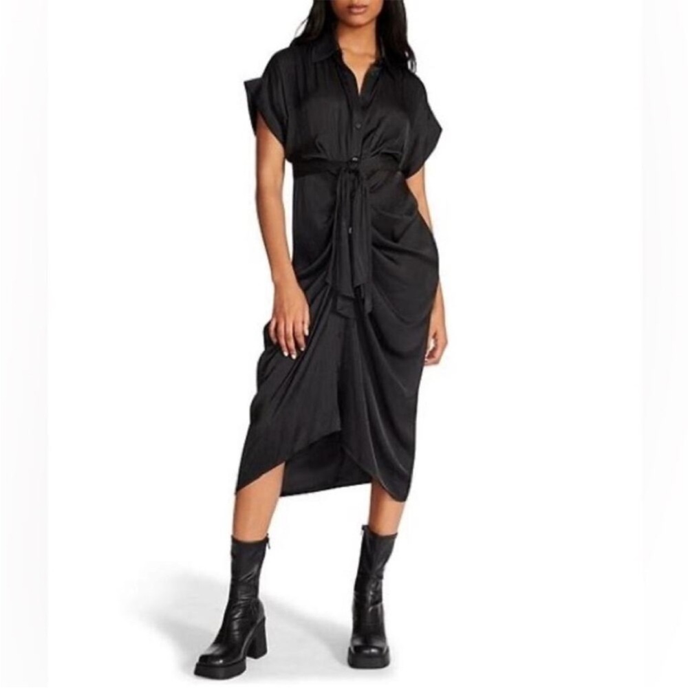 Steve‎ Madden Black Satin Midi belted Dress size 4